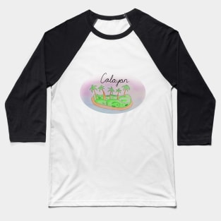 Calayan watercolor Island travel, beach, sea and palm trees. Holidays and vacation, summer and relaxation Baseball T-Shirt